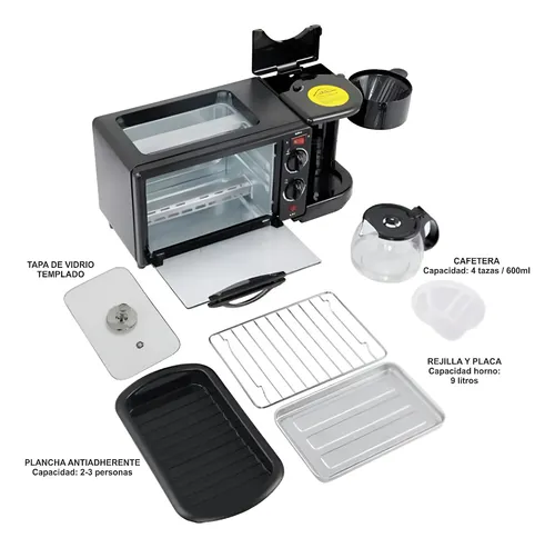 Horno Electrico 3 En 1 Maquina Cafetera Sarten Horno Plancha Negro