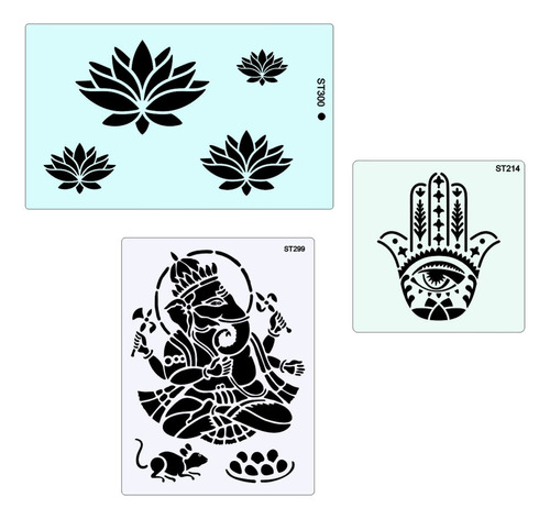 Pack X 3 Stencil Ganesha Flor De Loto Mano De Fatima