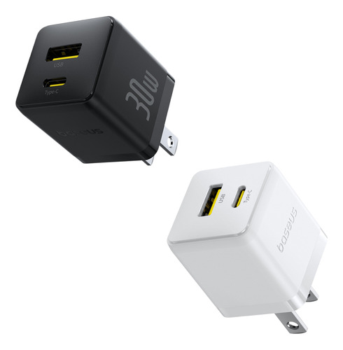 Kit Baseus 2 Cubos De Carga 2 Puertos Usb A+ Tipo C 30 W Carga Rápida Color Blanco + Color Negro iPhone 15/14/13/12/11/pro/pro Max/xs/xr, Galaxy S23 Ultra, Google Pixel 7, Macbook Air, iPad Pro