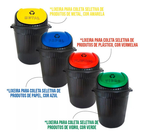Kit Lixeiras Reciclagem Lixo 86 L Vidro Papel Plástico Metal Cor Preto
