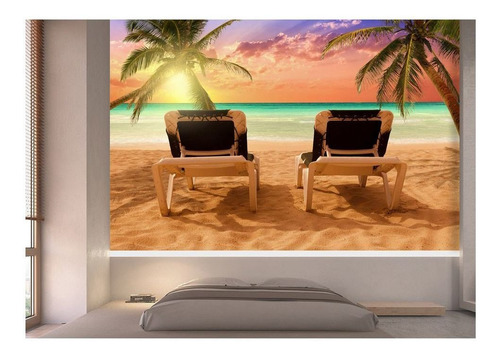 Papel De Parede Praia Por Do Sol Cadeiras 3d 8m² Npr194