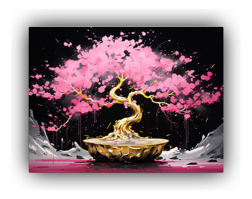 90x60cm Cuadro Decorativo Árbol Bonsái Oro Rosa Neo-noir B