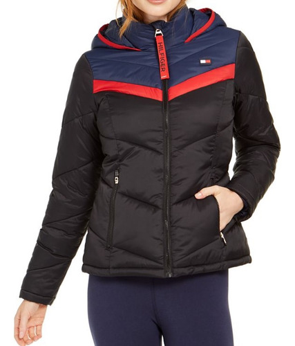 Chamarra Acolchada Tommy Hilfiger Negra C/azul Y Rojo Mujer