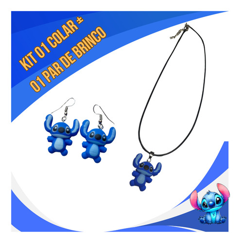 Kit Colar + Par Brinco Infanti Stitch Em Resina Azul Azul