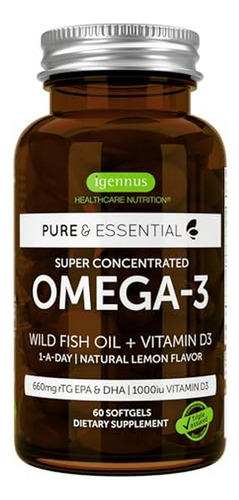 Omega-3 & D3 1000iu, Apoyo Ojos, Corazón Y Cerebro, 1 Al Día, Epa & Dha Concentrado, 60 Cápsulas