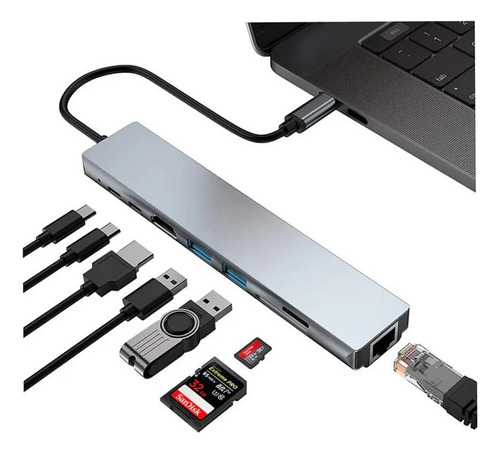 Hub Tipo C S 8 Em 1 Adaptador Usb C Para Hdmi Com Ethernet