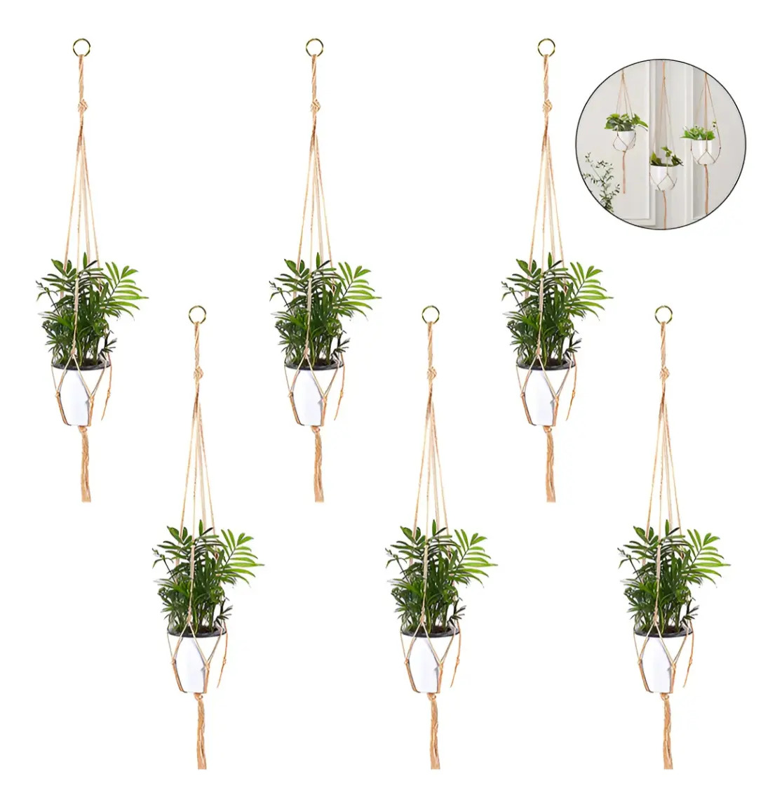 Juego De 6 Colgadores De Macramé Con Anillo Metálico Para Plantas, Cestas Colgantes De Macetas De Interior Y Exterior, Cuerda De Yute 4 Patas 41 Pulgadas, Estilo Retro Decoración H