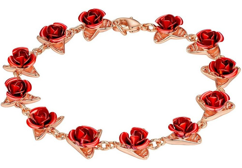 Pulsera De Cadena De Mano Con Rosa Roja Y Oro Rosa Suplight,