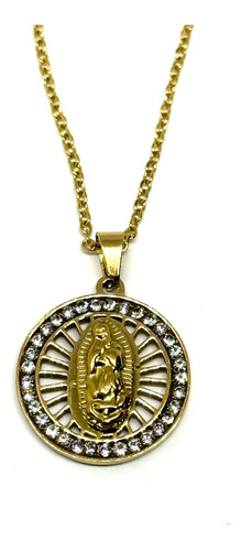 Collar Medalla Virgen Guadalupe Acero Dorado Piedra 22mm