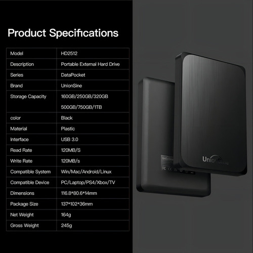 // Disco Duro Externo Unionsine Hd2512 1tb Negro