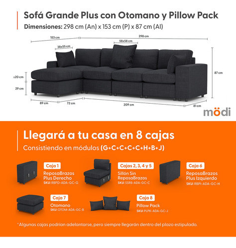 Sofá Sala Modular Plus 4 Plazas + Otomano + Pillow Pack | Gris Oscuro Liso