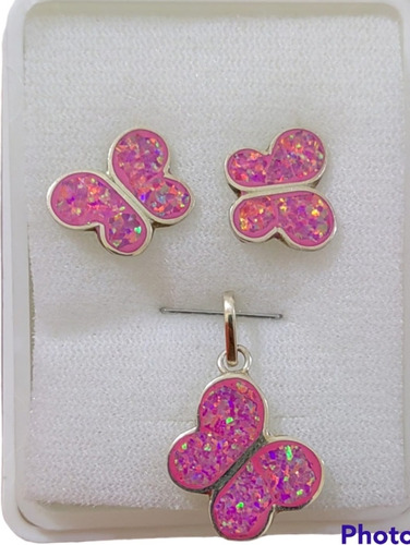 Aretes Y Dije Mariposa En Vuelo Rosa Opalo Plata Fina 925