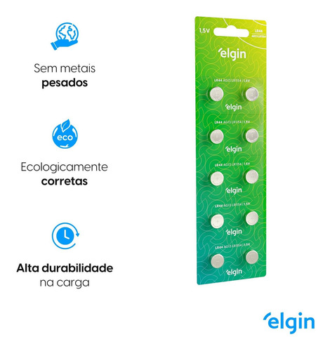 10 Baterias Pilhas Alcalina Lr44 1,5v Blister Cartela Elgin
