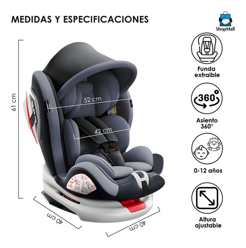 Asiento Bebé Para Coche 360° (0-12 Años) Sistema Seguridad Color Gris Silla de bebe