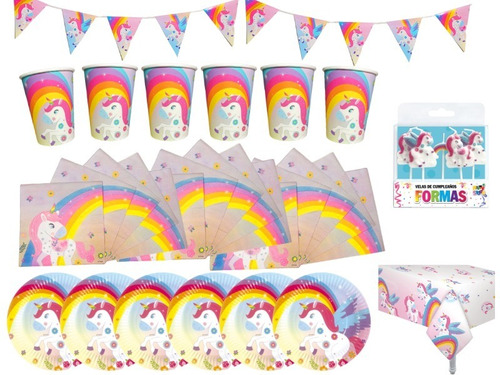 Party Store Kit Platos Vasos Mantel Velas Banner - Unicornio