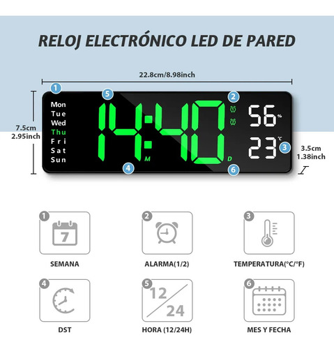 Relógio De Parede Digital Com Termômetro, Alarmes E Calendár