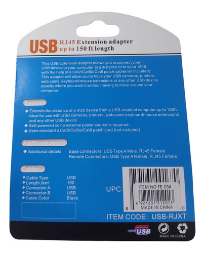 Extensión Usb A Rj45 Utp Ethernet Adaptador Lan 50 Metros