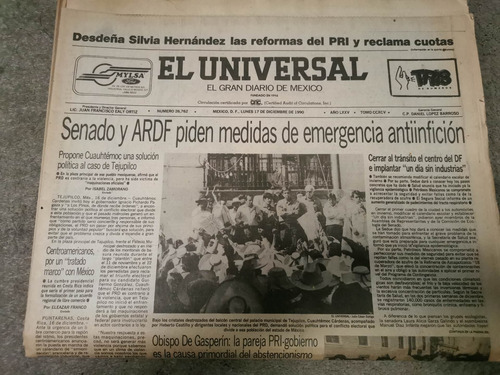 Periódico El Universal Lunes 17 De Diciembre 1990 Completo (Usado)