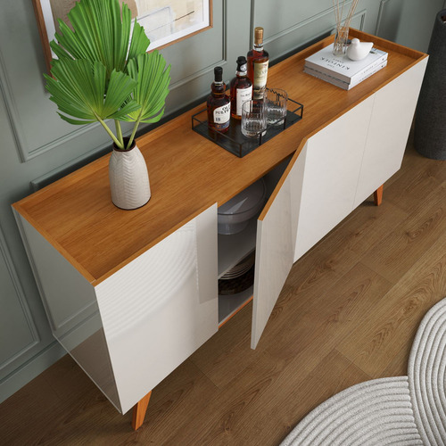 Aparador Buffet Decorativo Mallorca Moderno 4 Portas Off White Com Nature - Minha Loja De Móveis