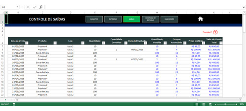 Planilha Controle De Estoque Vendas Entradas Saídas Excel