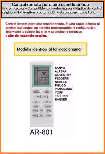 Control Remoto Aire Acondicionado Sanyo Noblex Ranser Philco