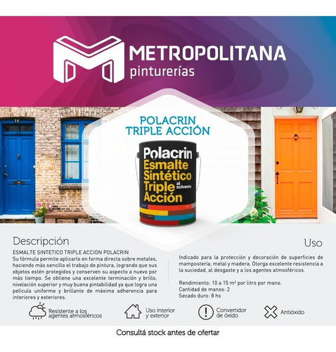 Imagen 2 de 6 de Esmalte Sintético Polacrin Triple Acción Negro Colores | 4lt