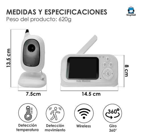 ShopMall Monitor Para Bebé 3.2 pulgadas inalámbrico visión nocturna 3.2 color blanco