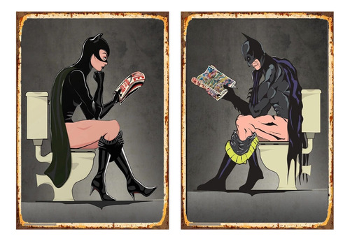 Set 2 Carteles Metalicos Baño Comic Batman-gatubela 40x28 Cm