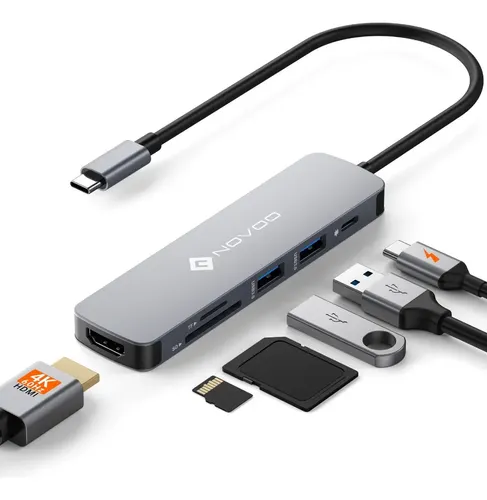 Adaptador Usb C Hub Usb Novoo 6 En 1 Multipuerto para Laptops con HDMI 4K,PD100W, Lector SD/TF y 2 Puertos USB 3.0 para MacBook, Dell y Más