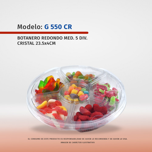 Botanero Redondo Con Tapa Y 5 Divisiones 27cm Paq 10 Pz Transparente