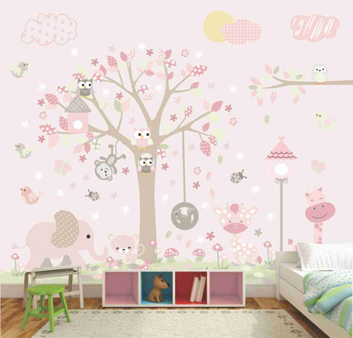 Papel De Parede Bebê Infantil Zoo Selva Girafinha Floresta Arvore Auto Adesivo Quarto Menina 4mx3m Gg635