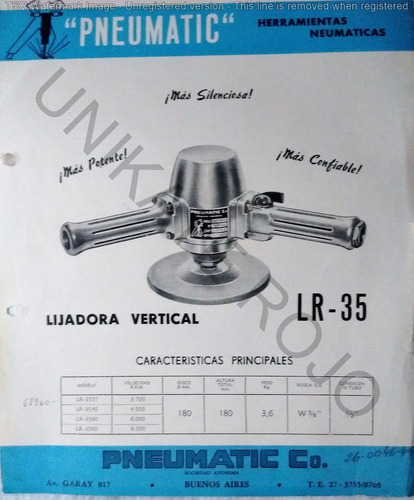 Antiguo Folleto Pneumatic Lijadora Vertical Retro Decada 60