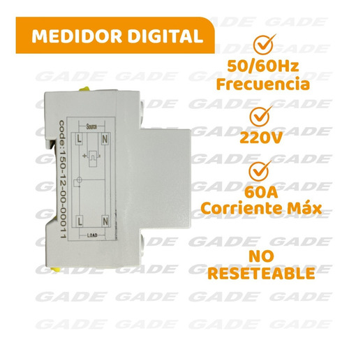 Imagen 3 de 7 de Medidor Monofasico Luz Consumo Riel Din Amper Volt Watt Kwh