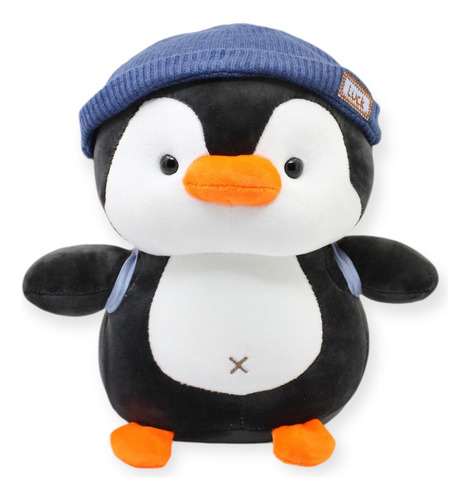 Pinguino De Peluche Con Gorro Y Mochila Azul Juguete 27cm Color Azul Marino