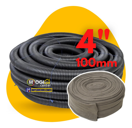 Kit Tubo Drenagem 25m 100mm 4'' + Camisa Geotextil Dreno