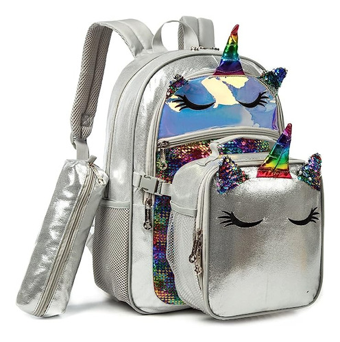 Mochila Lonchera Lapicera Unicornio Plateado Colores Escuela Viaje Niñas Primaria 