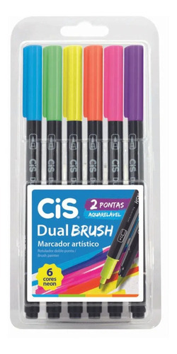Marcador Artístico Cis Dual Brush Aquarelável C/6 Cores Neon