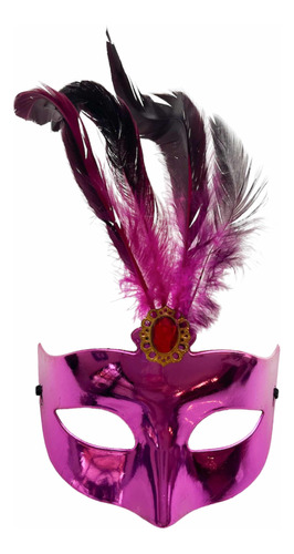 Antifaz Carnaval Con Pluma Fucsia Metalizado