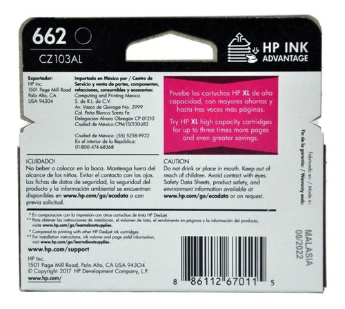 Cartucho Hp 662 Negro Original Cz103al Vigente Verificable