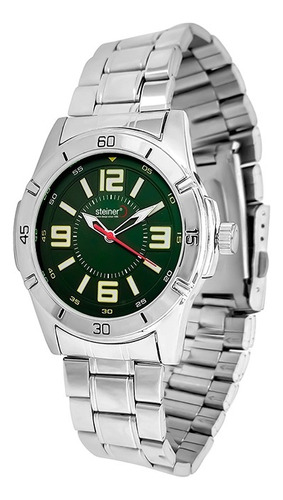 Reloj Análogo Para Caballero Steiner 42mm Acero Inoxidable Correa Plateado Bisel Plateado Fondo Verde