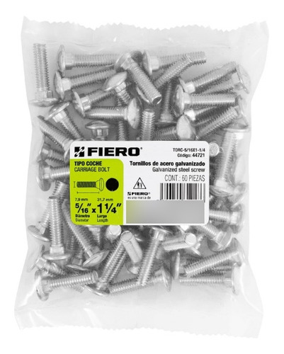 Tornillo Tipo Coche 5/16x1.25´ Redondo Metal Auto 60pz 44721