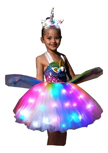 Disfraz Princesa Unicornio Para Niñas Vestido Con Luz Led Pa