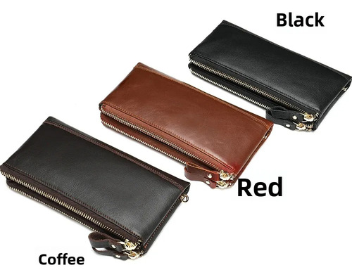 Bolso Largo De Cuero Genuino Con Cremallera Para Hombre