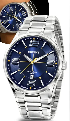 Relógio Orient Masculino Quartzo MBSS1307 Prateado Fundo Azul II 50m