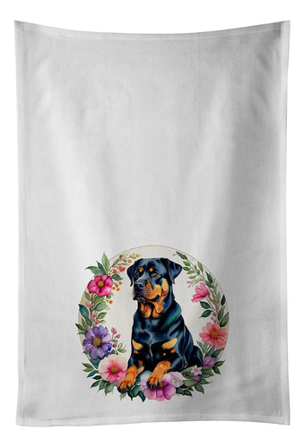 Rottweiler And Flowers Kitchen Towel Set Of 2 White Dish Tow
