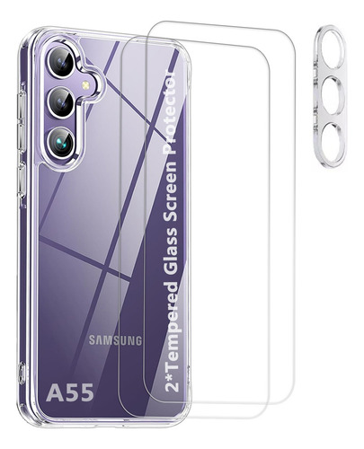 Funda 4 en 1 para Samsung Galaxy A55, incluye 2 protectores de pantalla HD, protector de cámara y carcasa trasera transparente antiamarilleo. Amortiguador de golpes y cristal templado.