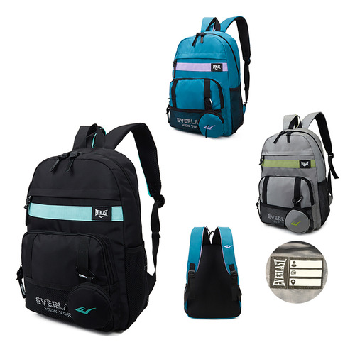 Mochila Con Bolsillo Portanotebook Y Monedero Everlast 22400 Color Gris Diseño De La Tela Liso