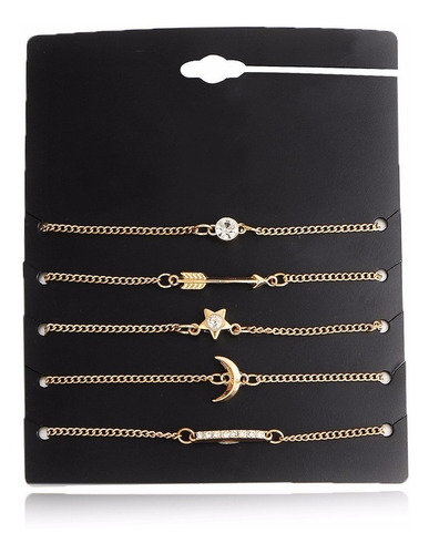 Kit 5 Pulseira Tribal Lua Estrela Flecha Luxo Strass Cristal
