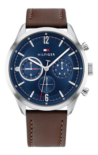 Reloj Tommy Hilfiger Matthew Para Hombre 1791940 Color de la malla Marrón Color del bisel Plateado Color del fondo Azul