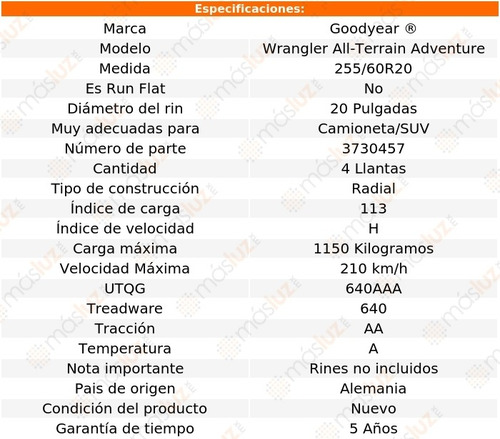 Llantas (4) Goodyear Wrangler At Advent 255/60r20 113 H